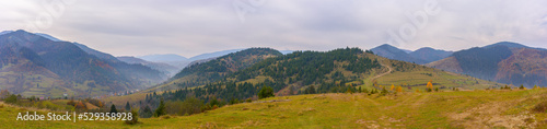 panorama of countryside landscape in autumn. grassy pasture meadows and forested hills. carpathian mountain ridge in the distance. village in the valley. overcast weather © Pellinni