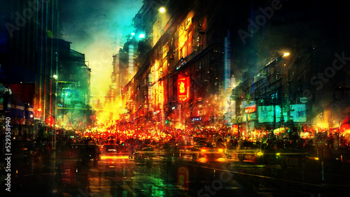 China night street in the city cyberpunk  Digital art style  illustrations.