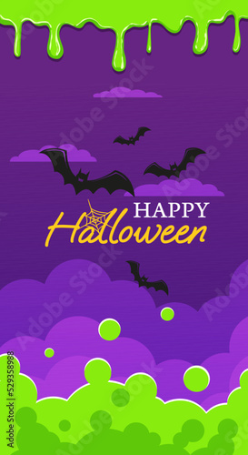 Happy Halloween text against night cloudy sky with bats vapors of poisonous green fog and green slime
