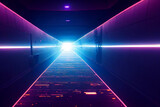 Abstract sci fi futuristic hallway dark room in space station with glowing neon lights background, digital art design
