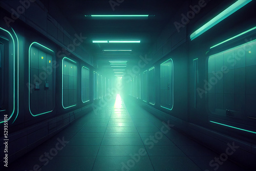 Abstract sci fi futuristic hallway dark room in space station with glowing neon Fototapeta