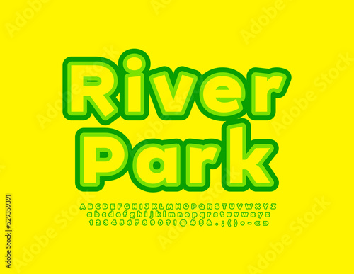 Vector creative logo River Park. Green and Yellow Font. Bright Alphabet Letters and Numbers set