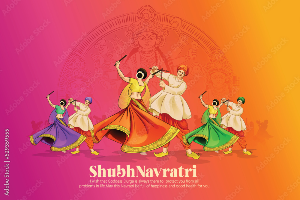 Shubh Navratri festival celebration poster or banner design with illustration of Couple performing dandiya and dancing Garba with dandiya stick 