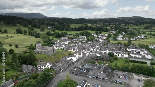 Drone, aerial footage of Hawkshead Village in the Lake District, Cumbria.
The village is still the same collection of tiny houses, and squares loved by Wordsworth and Beatrix Potter. photo