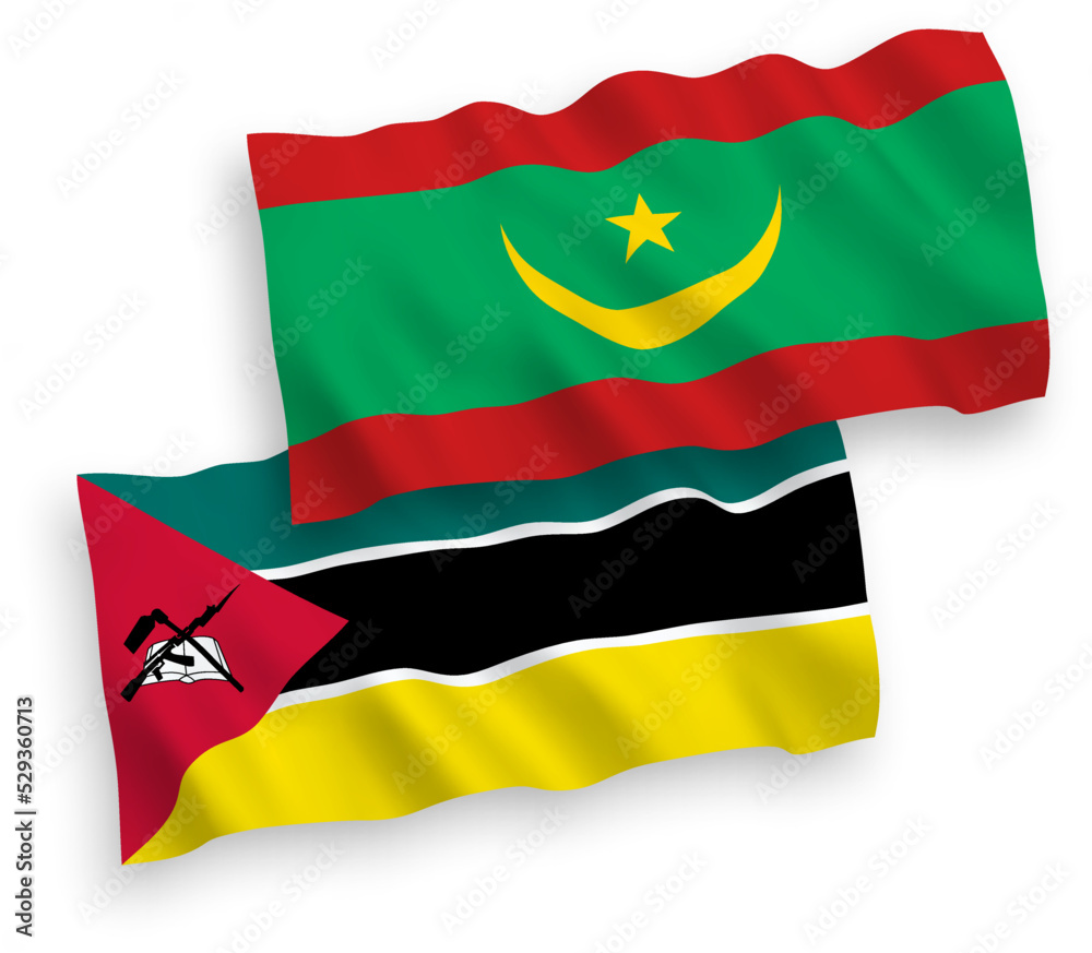 Flags of Republic of Mozambique and Islamic Republic of Mauritania on a white background Flags of Republic of Mozambique and Islamic Republic of Mauritania on a white background