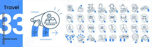 Set of conceptual travel icons. Attraction icons, transportation for travelling, hotel booking, vacation location search.
