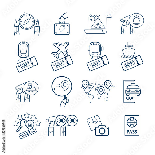 Set of conceptual travel icons. Attraction icons, transportation for travelling, hotel booking, vacation location search.