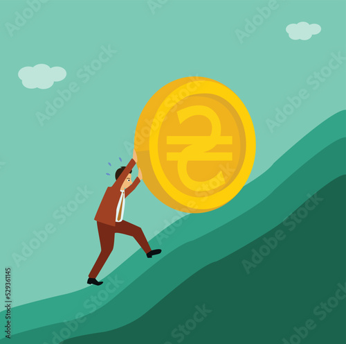 Hryvnia coin, Businessman Pushing Up,  Ukraine currency symbol