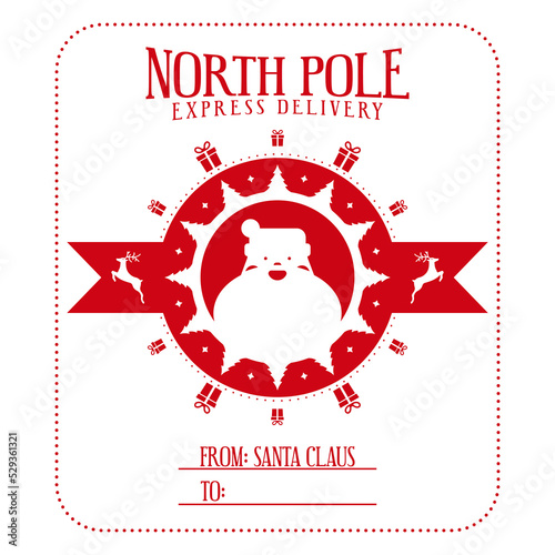 North pole express delivery. Xmas design for a personalized gift bag from Santa Claus. Template for christmas handmade gifts. Vector illustration.