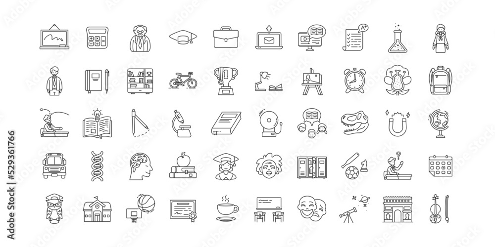 Set of school outline icons. Contains such Icons as whiteboard, teacher, student, graduation, breakfast, art class, basket ball, library, bus, certificate, stationary, etc. pixel perfect at 64x64. Set of school outline icons. Contains such Icons as whiteboard, teacher, student, graduation, breakfast, art class, basket ball, library, bus, certificate, stationary, etc. pixel perfect at 64x64.