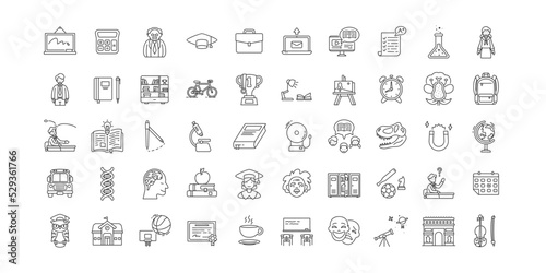 Set of school outline icons. Contains such Icons as whiteboard, teacher, student, graduation, breakfast, art class, basket ball, library, bus, certificate, stationary, etc. pixel perfect at 64x64.