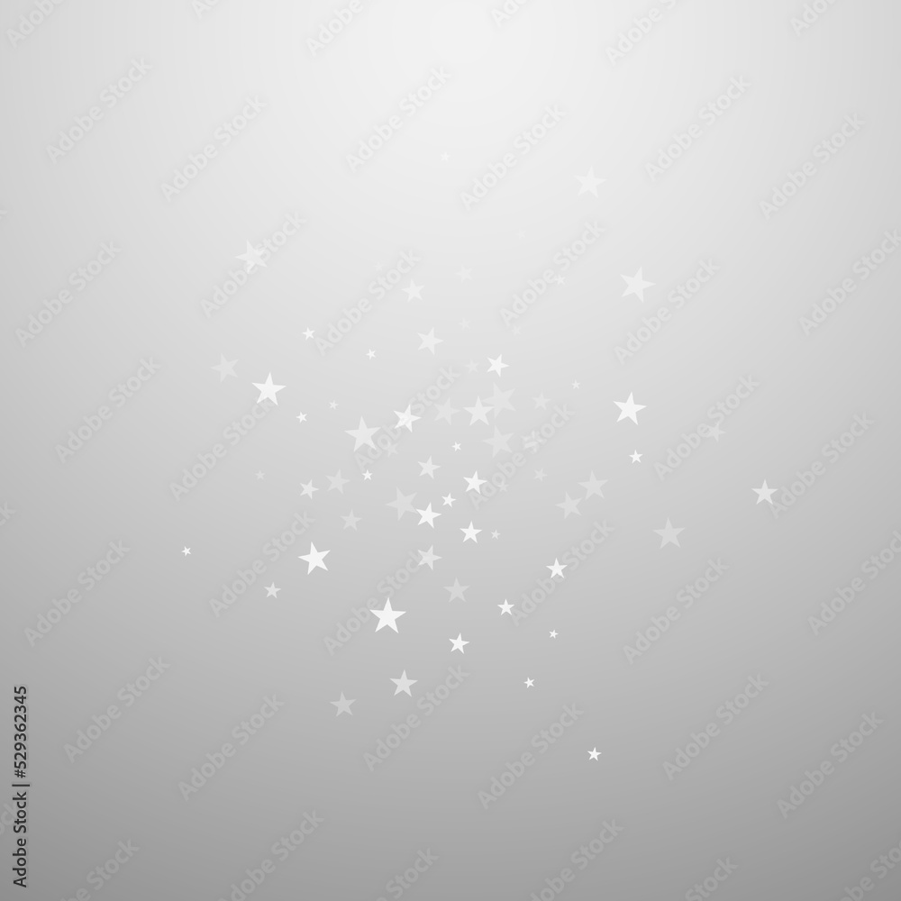 Christmas falling snow background. Subtle flying snow flakes and stars. Festive winter silver snowflake overlay template. Vector illustration