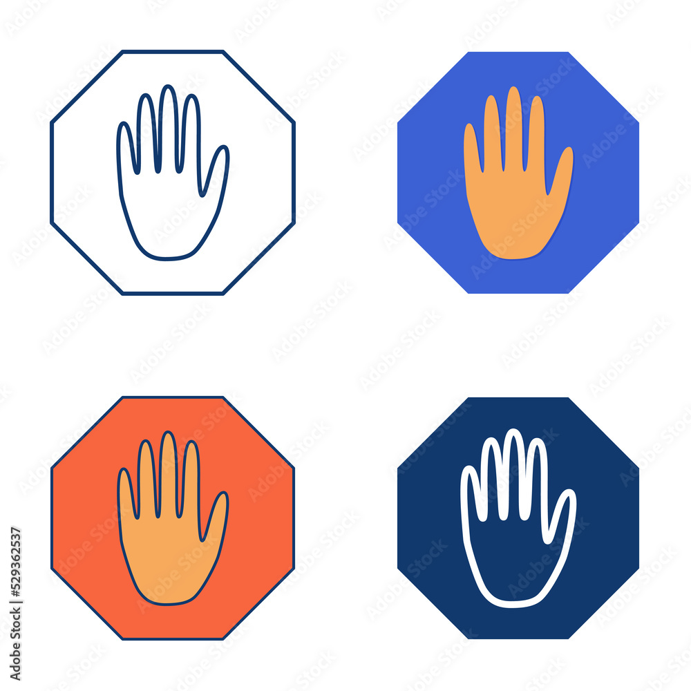 Stop sign with hand icon set in flat and line style