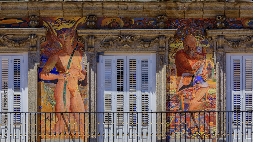 Tourist Information Center with a frescoed facade on Plaza Mayor, Madrid, Spain - obrazy, fototapety, plakaty 