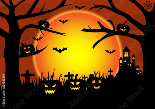 Halloween Fullmoon ,Haunted House, Pumpkins and Bats.