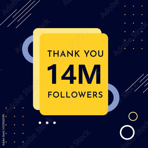 Thank you 14M or 14 million followers with yellow frames on dark navy background. Premium design for web banner, social media story, social sites post, achievements, poster, and social networks. photo