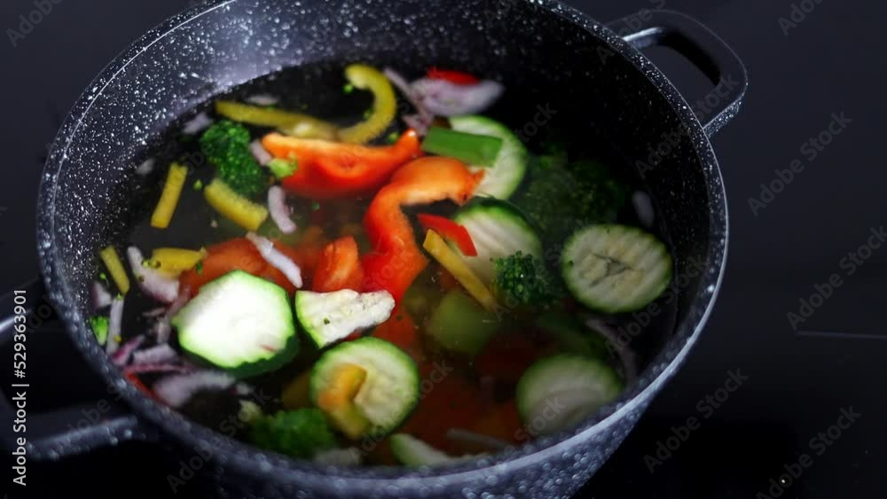 Vegetables are boiled in a casserole. Vegetables spin around in a pot with hot water. The concept of vegetarianism and healthy organic food Vegetables are boiled in a casserole. Vegetables spin around in a pot with hot water. The concept of vegetarianism and healthy organic food