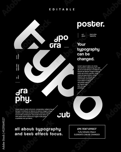 Editable Text Effect Vector of Black White Shadow Cut Type Typography for Poster Printing, brochure, book, 
banner