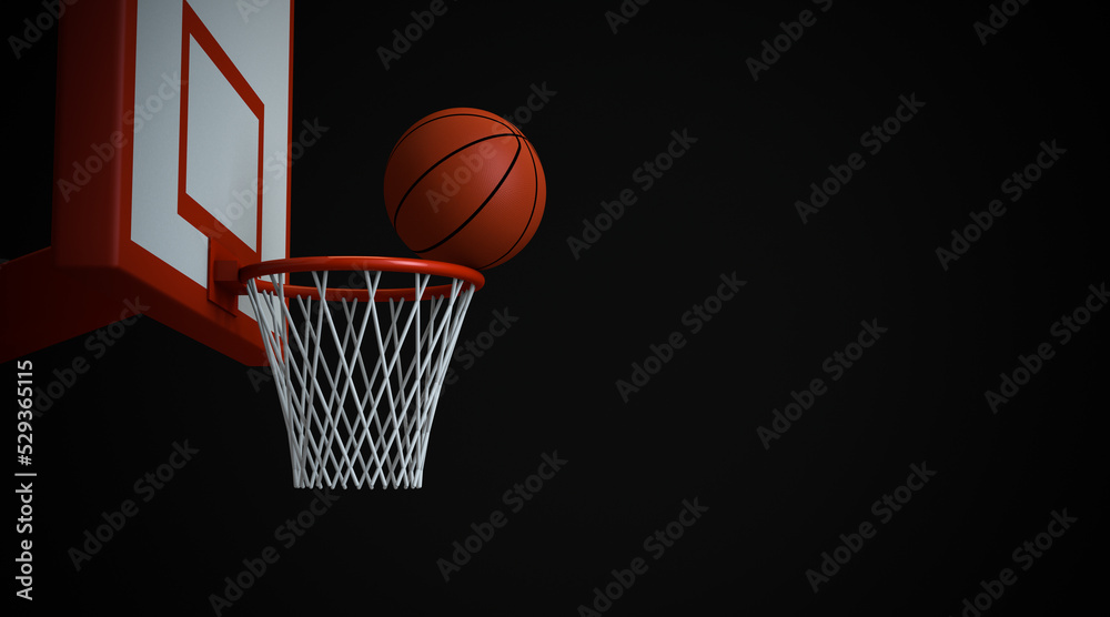 3D rendering, Close up basketball hoop and ball, side view shot, blank empty space for copy, isolated on black background.