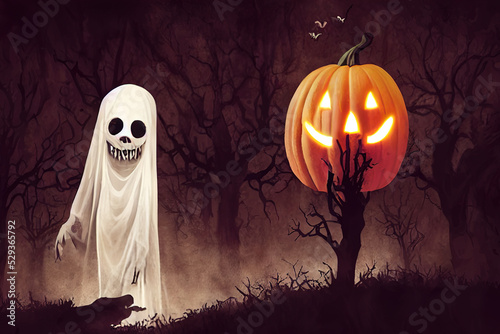 Halloween pumpkin with spooky ghost. High quality 3d illustration