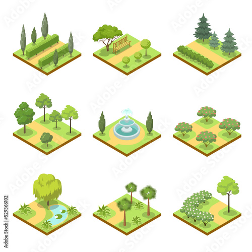 Public park isometric 3D set. Flower bed, pool with water, lawn with green grass and decorative trees, park roads and benches vector illustration. Nature map elements for parkland landscape design.