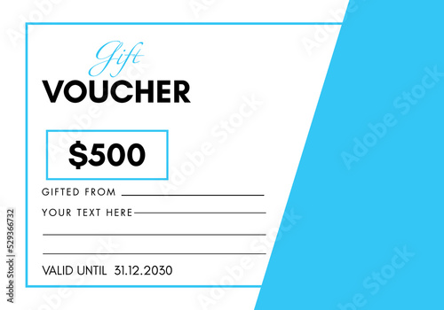 500 Dollar discount for shopping template design isolated on sky blue and white background. Special offer gift voucher template to save money. Gift certificates, coupon code, gift cards, tickets.