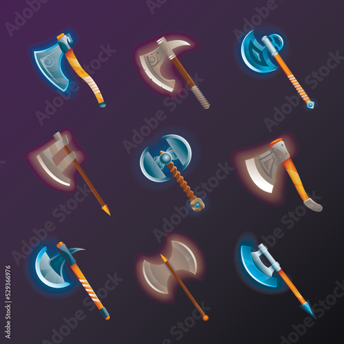 Fantasy medieval axes vector set. Collection of decoration weapon for computer game design. Magic and epic tomahawk, two blade battle ax, halberd and hatchet vector illustration. Ancient viking arms.