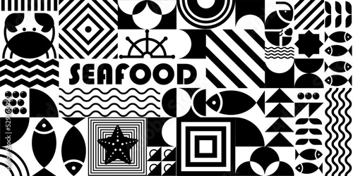 Seafood background in Bauhaus style. Geometric poster with abstract geometry Bauhaus swiss. Fish, crab, shrimp, caviar in futuristic minimal shapes, forms