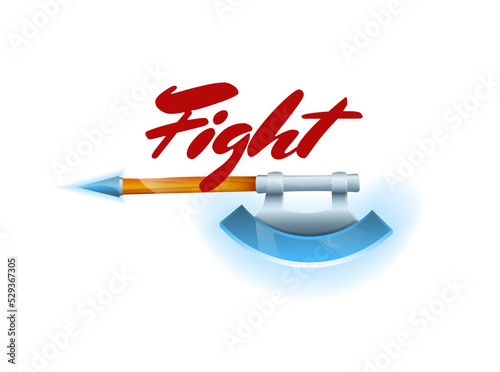 Fight game element with hatchet. Shiny medieval weapon for computer game design. Confrontation versus sign, fight opposition concept, epic battle competition vector illustration.