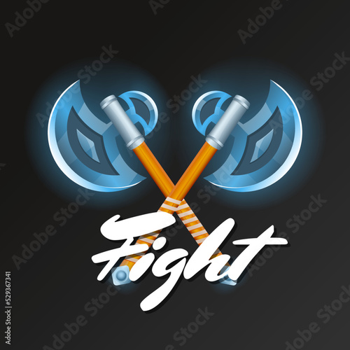 Fight element with crossed medieval hatchets. Shiny viking weapon for computer game design. Confrontation versus sign, fight opposition concept, epic battle competition vector illustration.