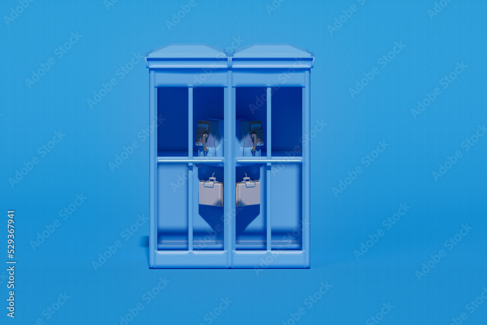 British traditional blue telephone booth, symbol, web banner or template. Payphone and park bench on pastel color background, minimal style conceptual background. 3d rendering. Creative composition.
