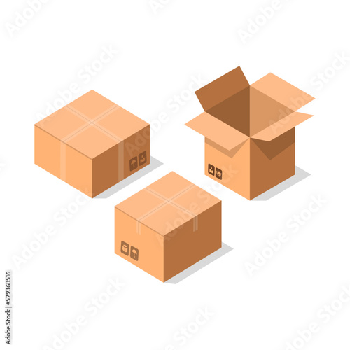 Delivery tare icon set. Shipping cardboard boxes, goods package collection vector illustration isolated on white background in flat style.