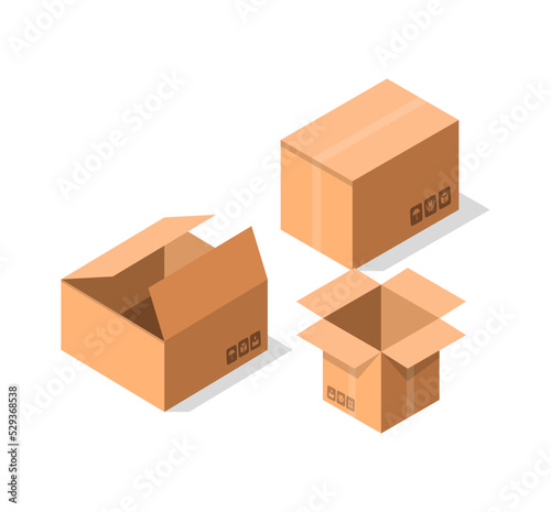 Empty postal cardboard boxes icon set. Delivery tare, goods package collection vector illustration isolated on white background in flat style.