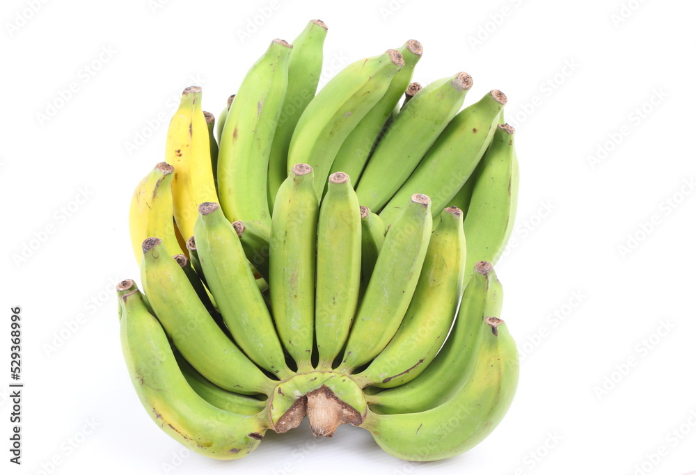 Green and Yellow Banana on white background