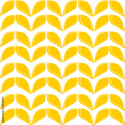 Geometric yellow petals in a seamless pattern with a white background. Spikelets of wheat upside down. Vector.