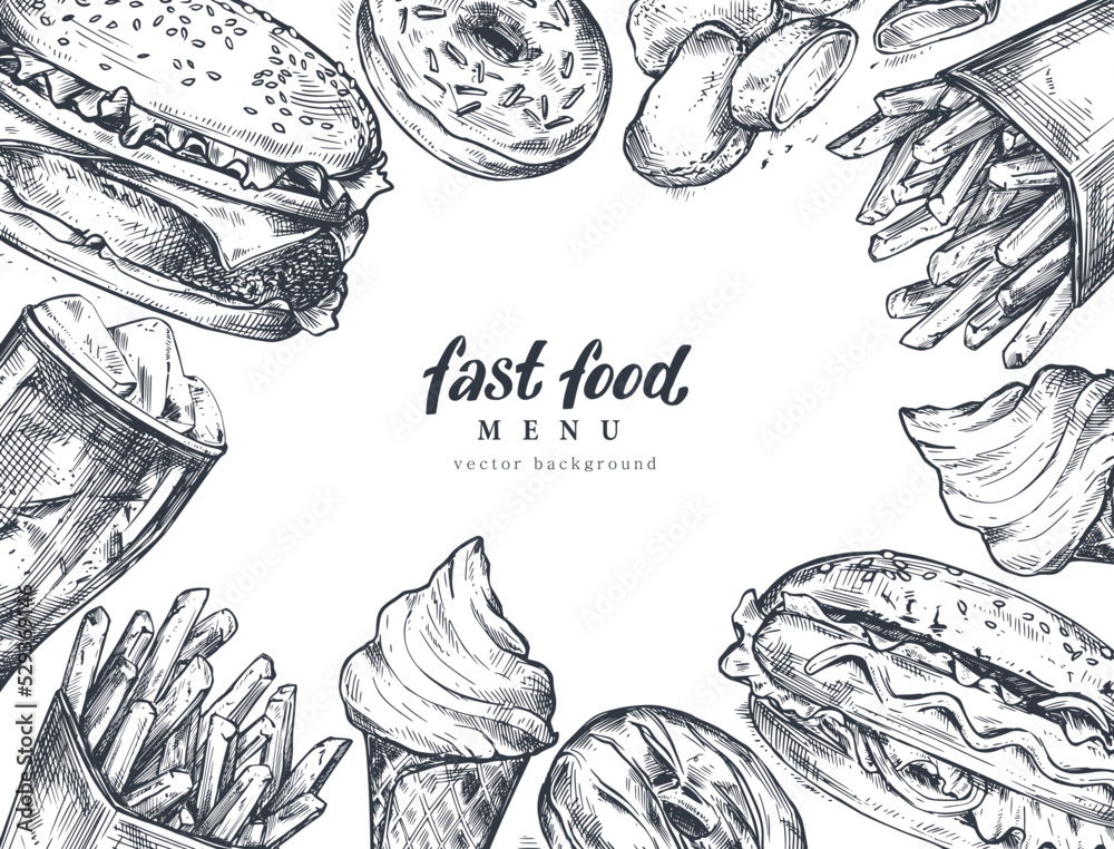 Hand drawn vector background set of fast food dishes in sketch style ...