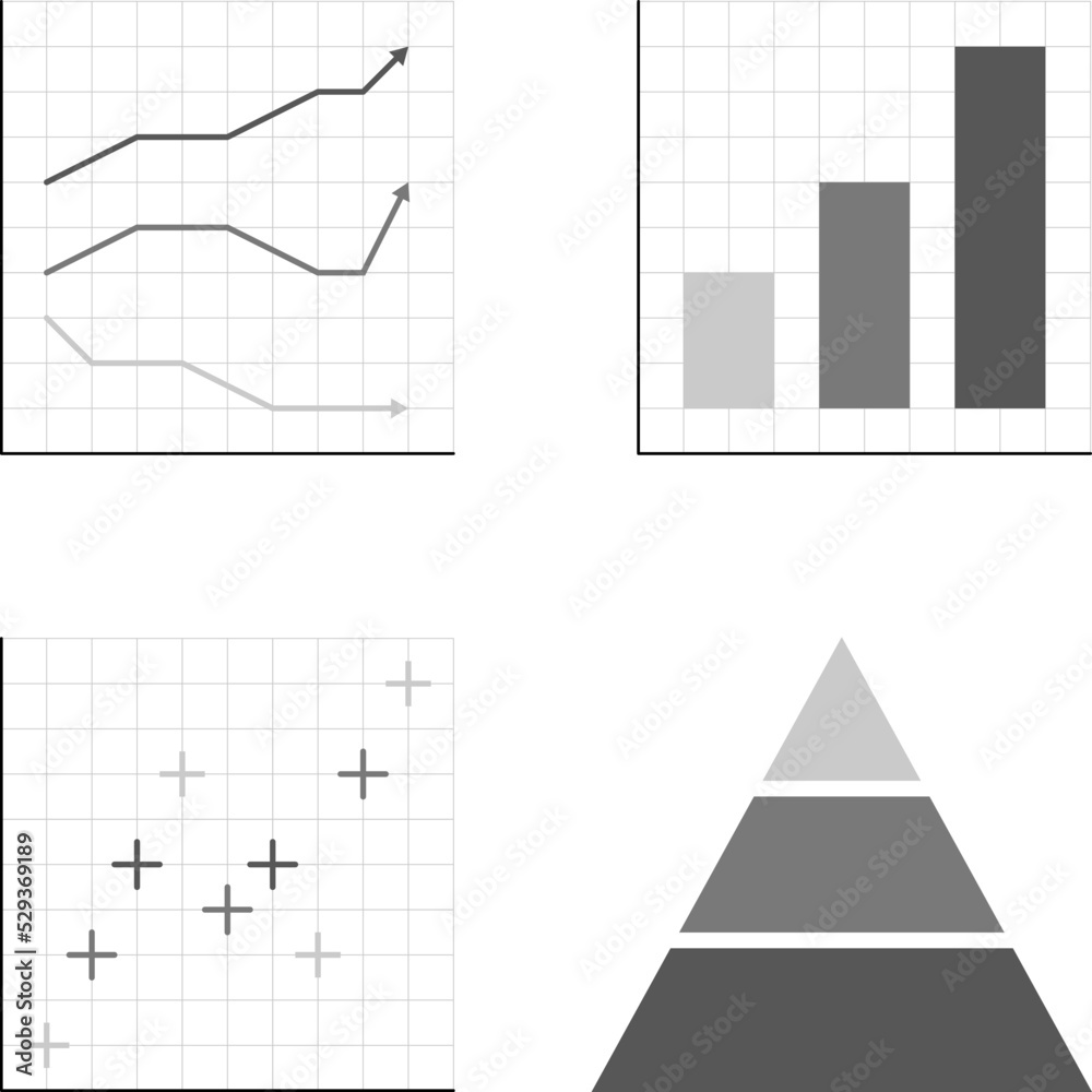 chart and decrease arrow icon on black and white... Business graphs and charts icons. Vector Business infographics icons in ...