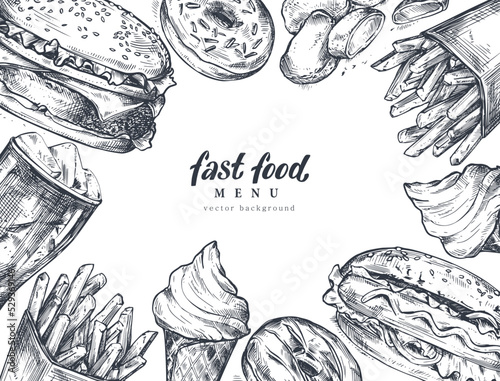 Hand drawn vector background set of fast food dishes in sketch style. Traditional American food.