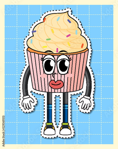 Cute cupcake cartoon character on grid background