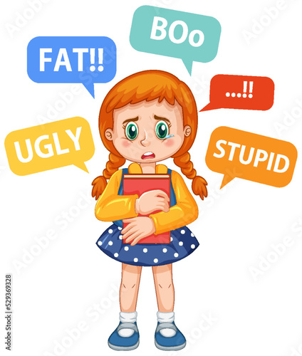 Sad girl surrounded by bullying words