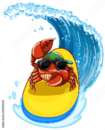 Cute crab cartoon character surfing