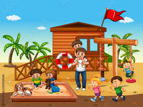 Beach playground with happy children