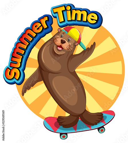 Sea lion cartoon character with summer time word