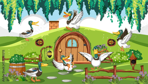 Outdoor scene with cartoon ducks