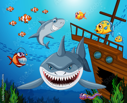 Angry shark underwater ocean scene