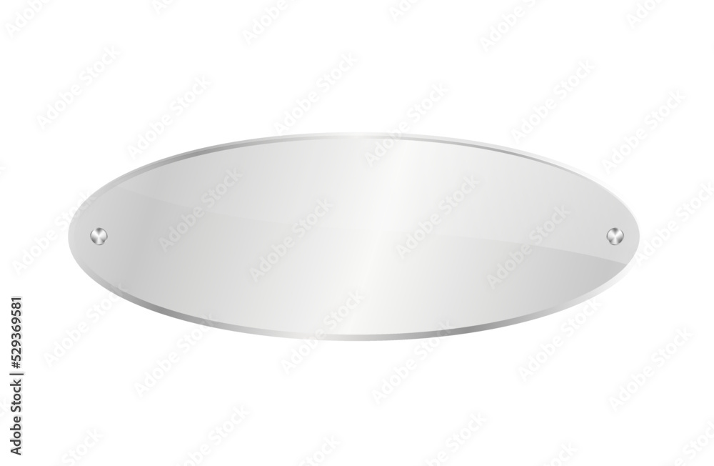 Oval blank glass plate isolated icon. Glassy signage template, clear