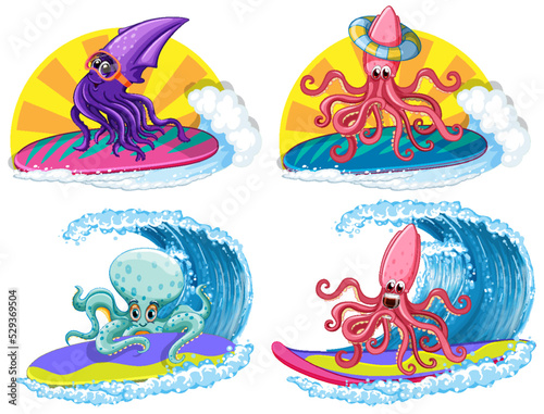 Set of squid and octopus cartoon character set