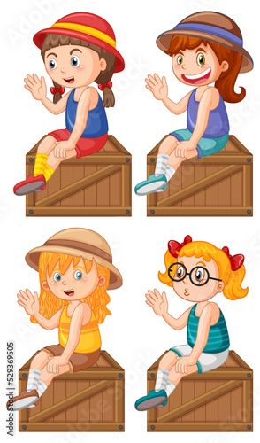 Set of different cute girls sitting on wooden box