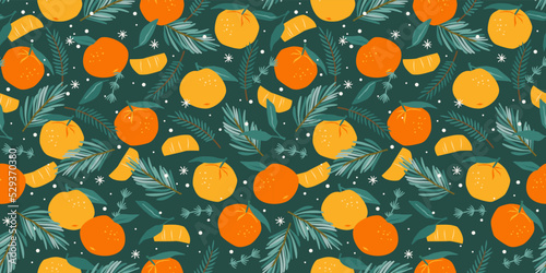 Christmas and Happy New Year seamless pattern. Christmas tree and tangerines. New Year symbols. Vector design