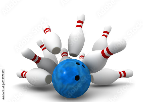 Bowling ball crashing into the pins, 3D illustration